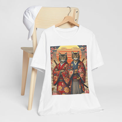Samurai Cat T-Shirt - Floral Kimono Warrior with Katana | Japanese Ukiyo-e Style, Cherry Blossoms & Mount Fuji | Bold Cat Art Tee