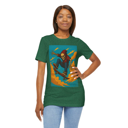 Skater Skeleton Hoodie Graphic Tee - Bold Comic Art Shirt for Men and Women - Colorful Streetwear T-Shirt for Skull and Skate Lovers