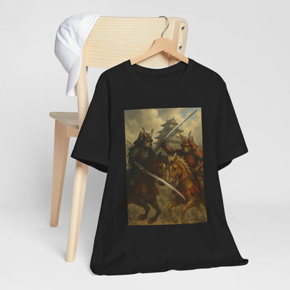 Epic Cat Samurai Battle Tee - War Horses Clash in Front of Japanese Castle  Feline Warrior Art Shirt for Fantasy & Japan Lovers