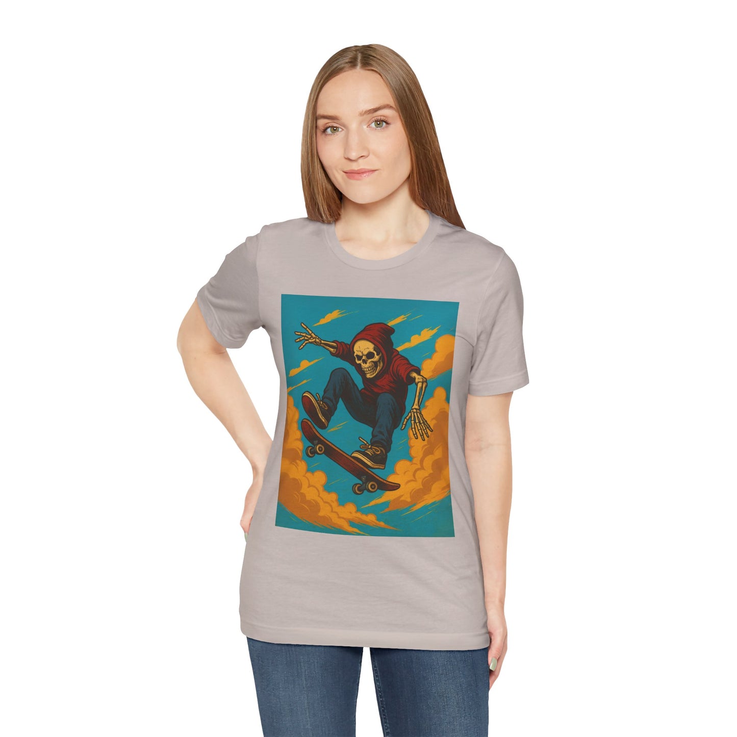 Skater Skeleton Hoodie Graphic Tee - Bold Comic Art Shirt for Men and Women - Colorful Streetwear T-Shirt for Skull and Skate Lovers