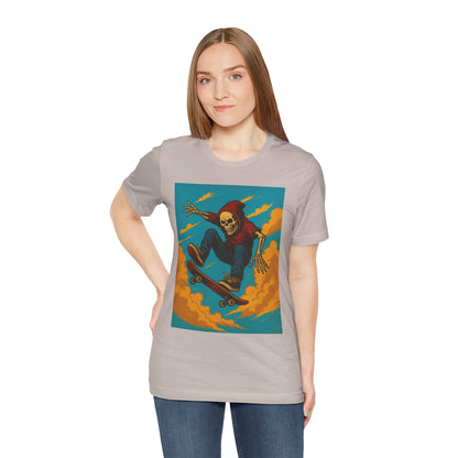 Skater Skeleton Hoodie Graphic Tee - Bold Comic Art Shirt for Men and Women - Colorful Streetwear T-Shirt for Skull and Skate Lovers