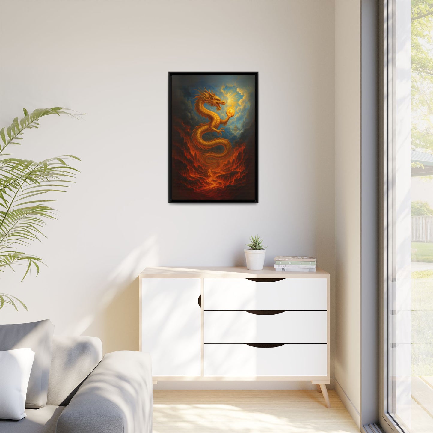 Golden Dragon Canvas Feng Shui Wall Art Asian Myth Painting Fire and Cloud Temple Inspired Good Luck Decor Gift for Dad