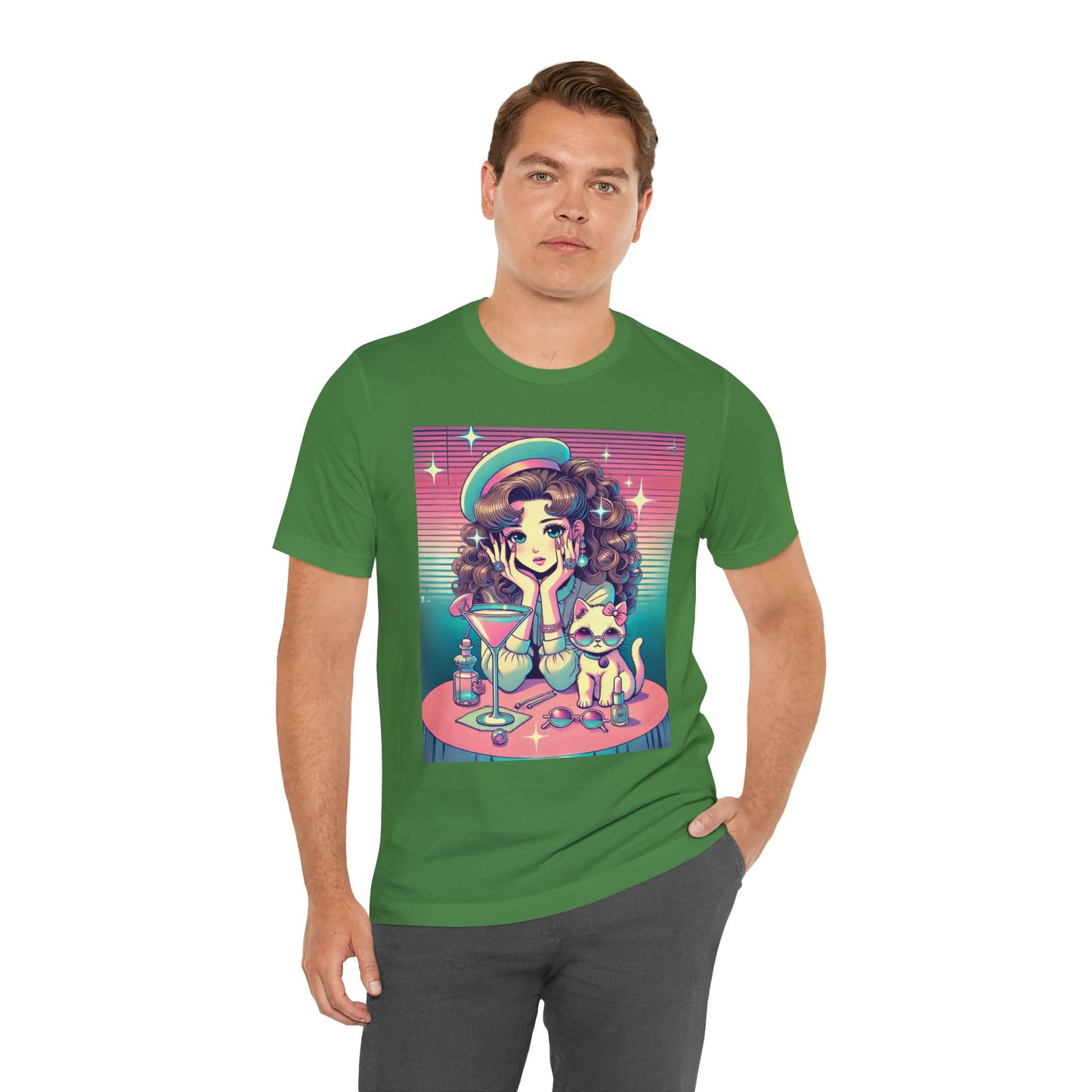 Retro Girl and Cat Graphic Tee Vaporwave Pastel Aesthetic Cocktail Lounge 80s Inspired Shoujo Style T Shirt Gift for Daughter or Dad