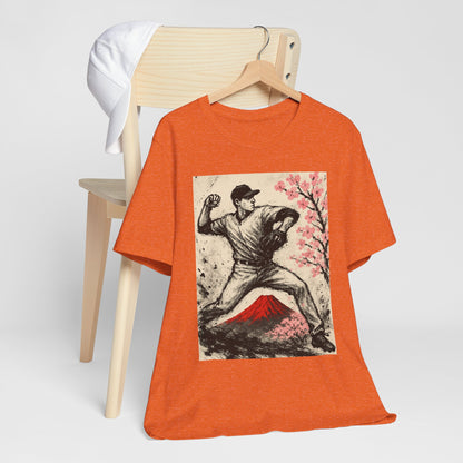 Pro Baseball Pitcher Sumi Ink Art Shirt Fuji Sakura Retro Japanese Print Windup Fastball Tee Japan Inspired Sports Art Gift for Dad