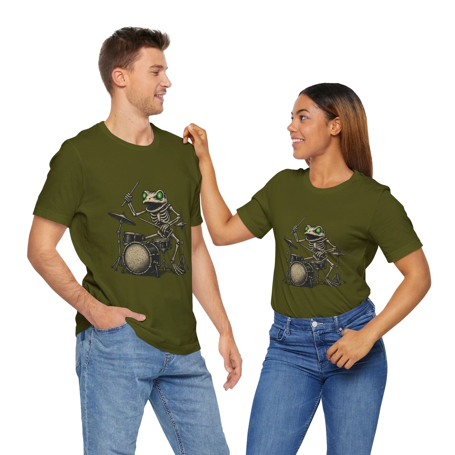 Skeleton Frog Drummer Shirt with Glowing Green Eyes Rock Band Art Tee for Musicians Frog Lovers Halloween and Concert Wear