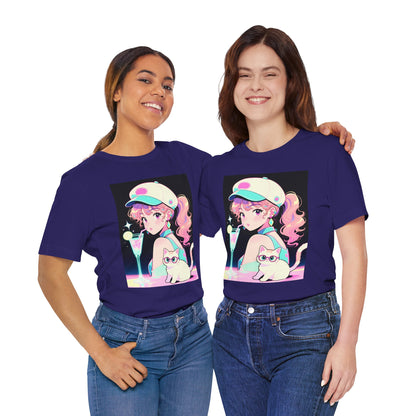 Retro Girl and Cat T Shirt Vaporwave Pastel Anime Shoujo Graphic Tee Neon Cocktail Aesthetic Kawaii Gift for Daughter or Dad Casual Streetwear