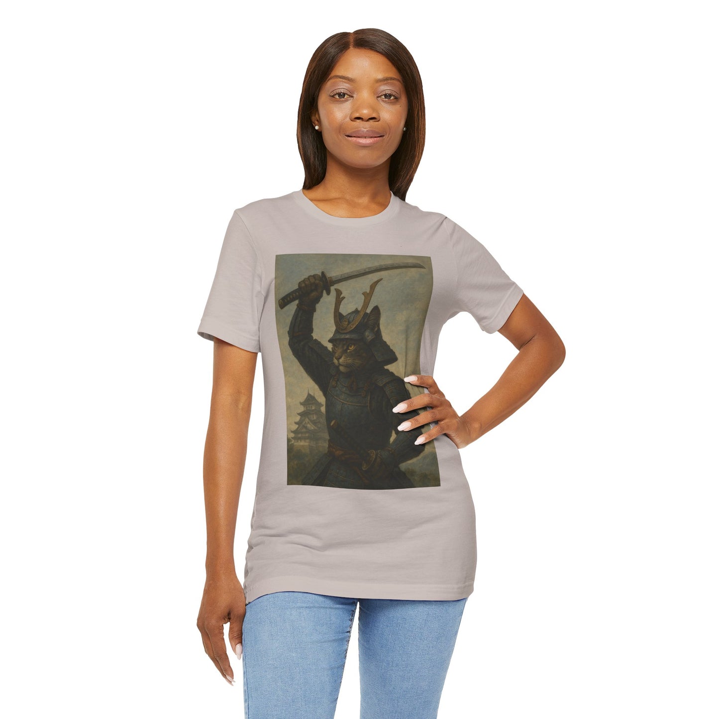 Cat Samurai Strike Tee | Epic Armored Feline Raising Katana | Japanese Warrior Art Unisex Shirt
