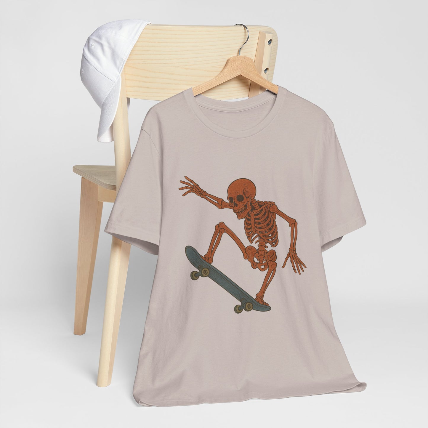 Skater Skeleton Graphic Tee for Adults - Vintage-Style Skeleton Skateboarding Shirt - Edgy Streetwear T-Shirt for Skaters and Art Lovers