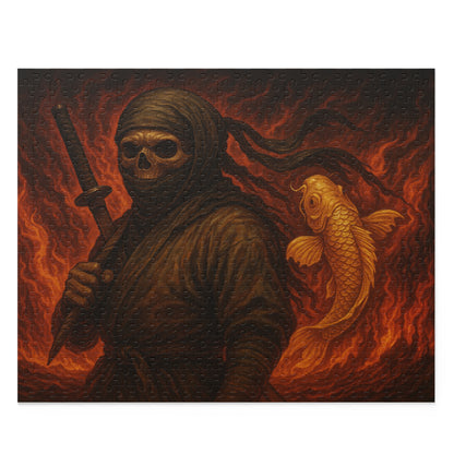 Dark Ninja Skull Puzzle-Gothic Japanese Horror Art, Golden Koi & Fire, High-Detail Mystery Warrior Jigsaw for Adults, Unique Gift Idea