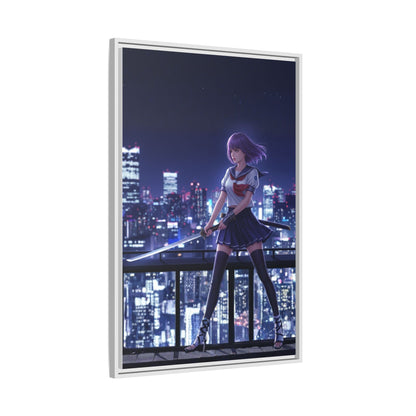 Anime Warrior Girl Canvas Tokyo Night Skyline Katana Wall Art Futuristic Heroine Gift for Daughter or Dad Gaming Room Decor
