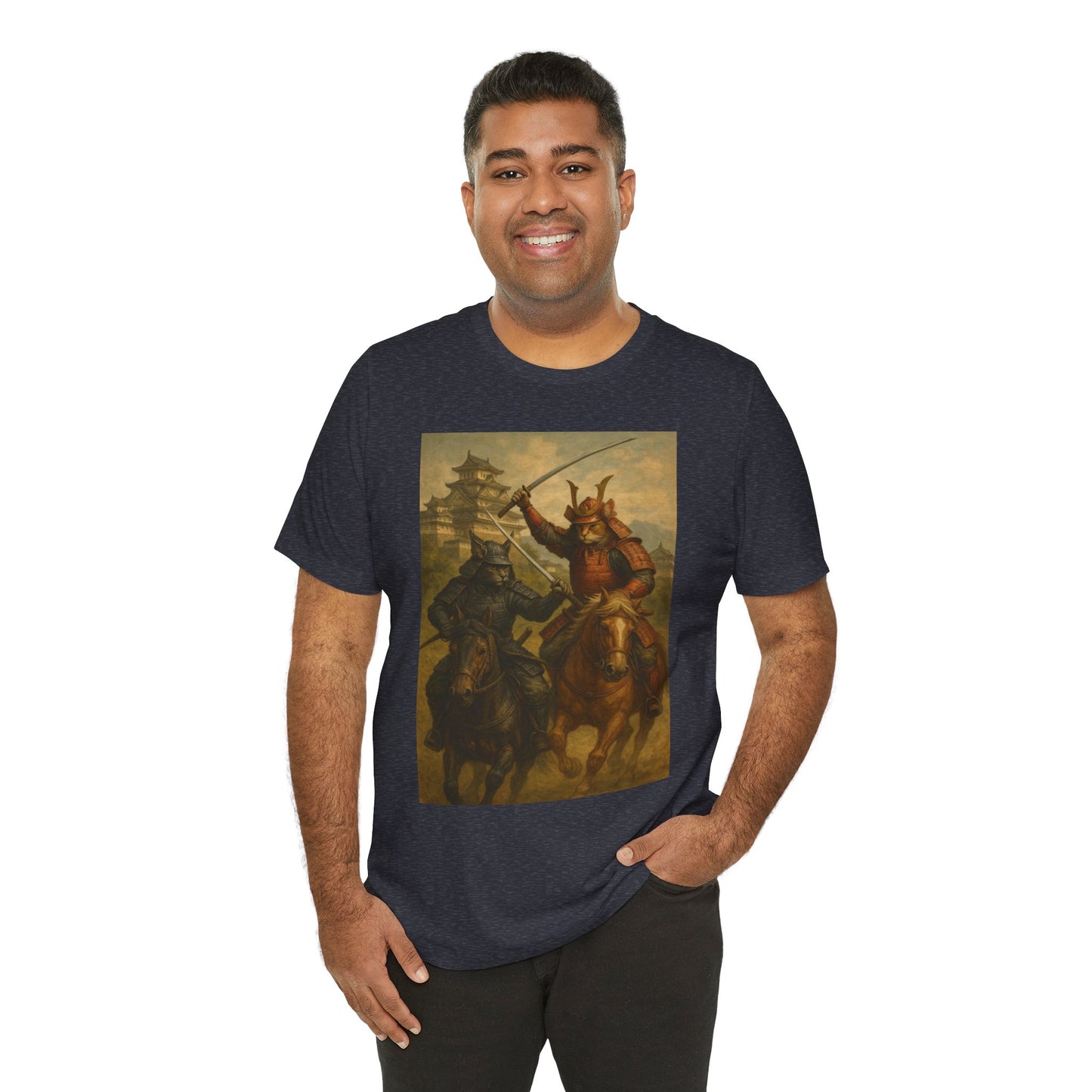 Epic Cat Samurai Battle Tee - War Horses Clash in Front of Japanese Castle  Feline Warrior Art Shirt for Fantasy & Japan Lovers