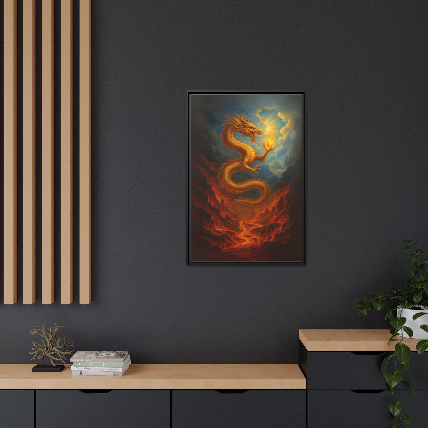 Golden Dragon Canvas Feng Shui Wall Art Asian Myth Painting Fire and Cloud Temple Inspired Good Luck Decor Gift for Dad