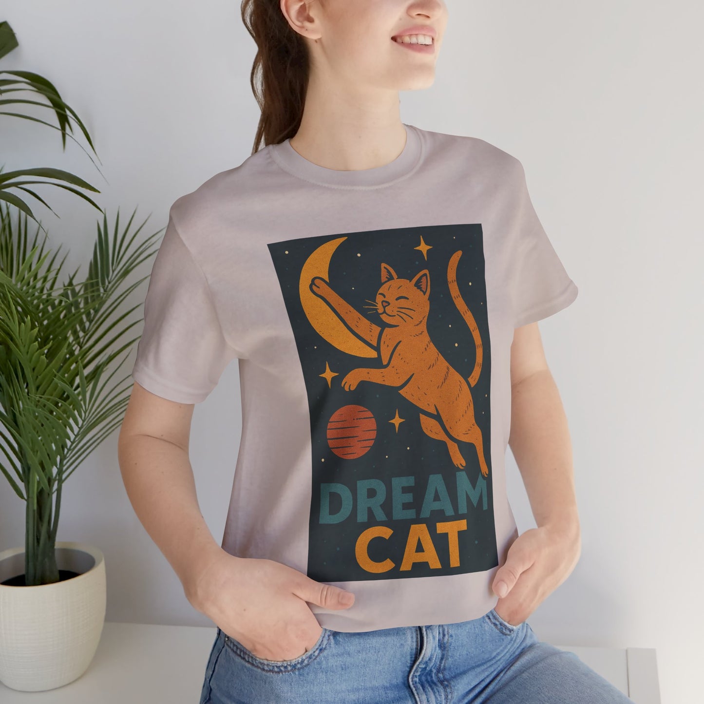 Dream Cat Shirt Retro Space Kitty Tee Moon and Stars Poster Style Japan Inspired Vintage Graphic Gift for Cat Lovers and Dad