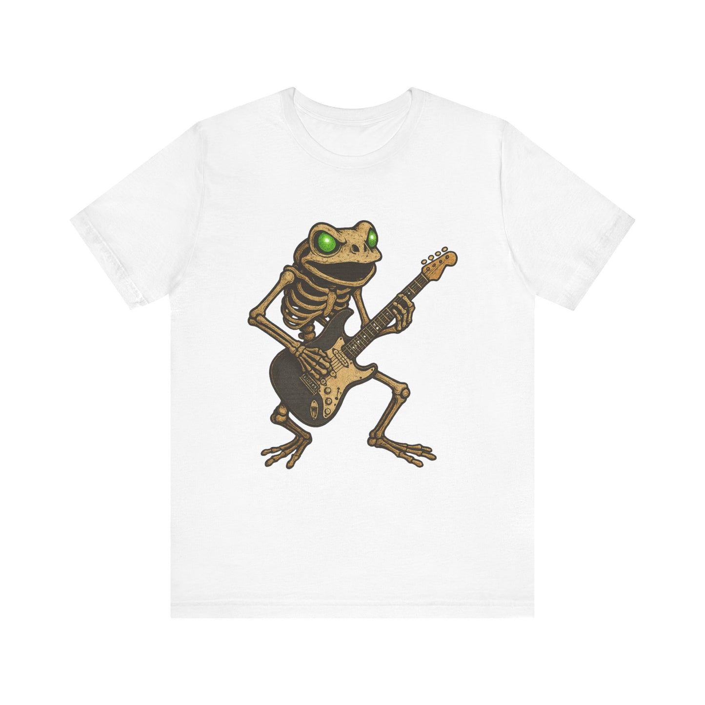 Skeleton Frog Shredding Electric Guitar Tee - Glowing Green Eyes Rock Art Shirt for Musicians Frog Lovers and Gothic Punk Style