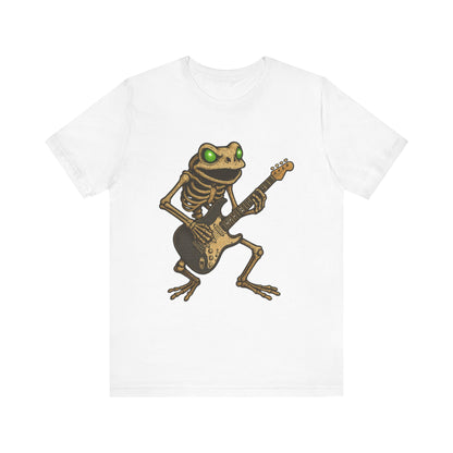 Skeleton Frog Shredding Electric Guitar Tee - Glowing Green Eyes Rock Art Shirt for Musicians Frog Lovers and Gothic Punk Style