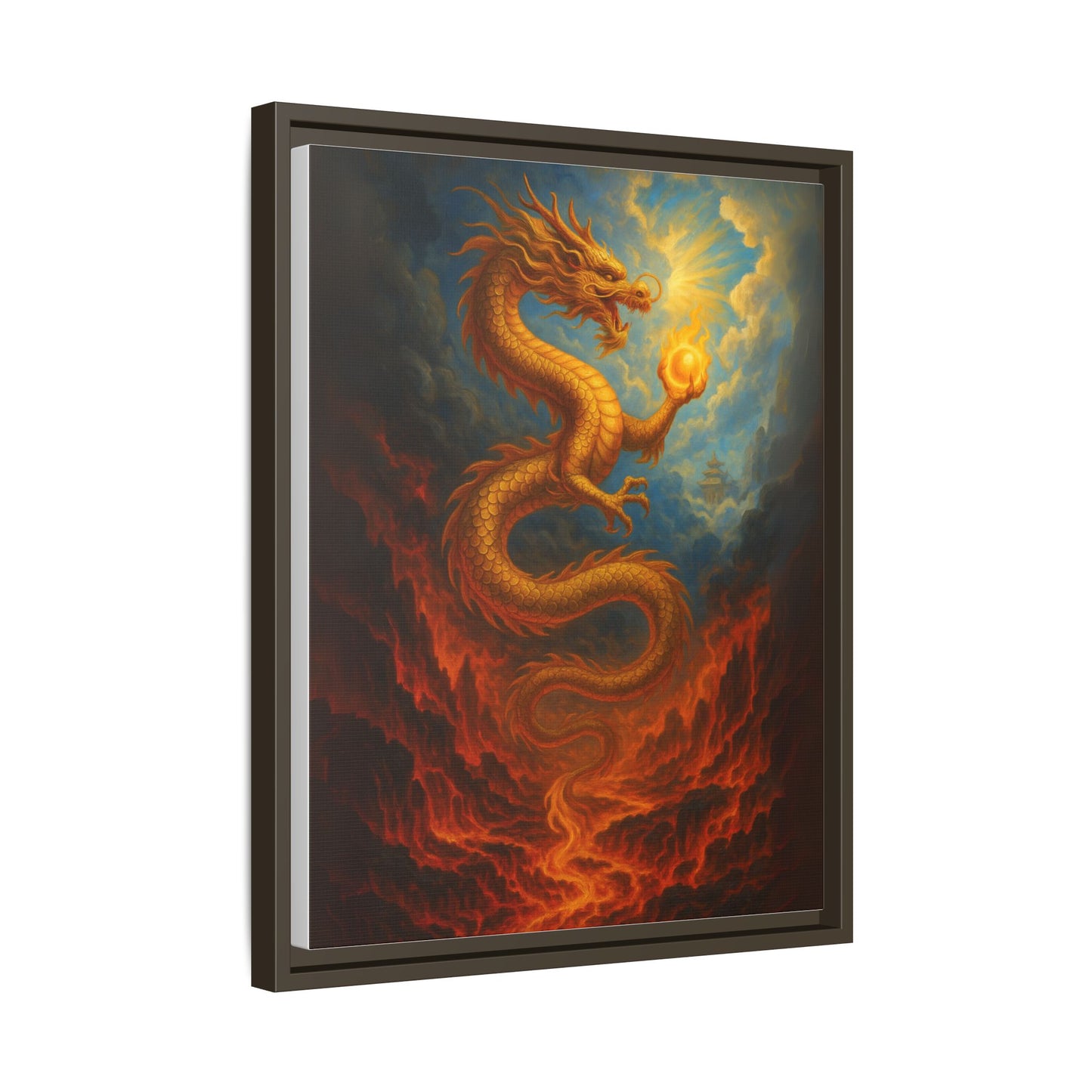 Golden Dragon Canvas Feng Shui Wall Art Asian Myth Painting Fire and Cloud Temple Inspired Good Luck Decor Gift for Dad