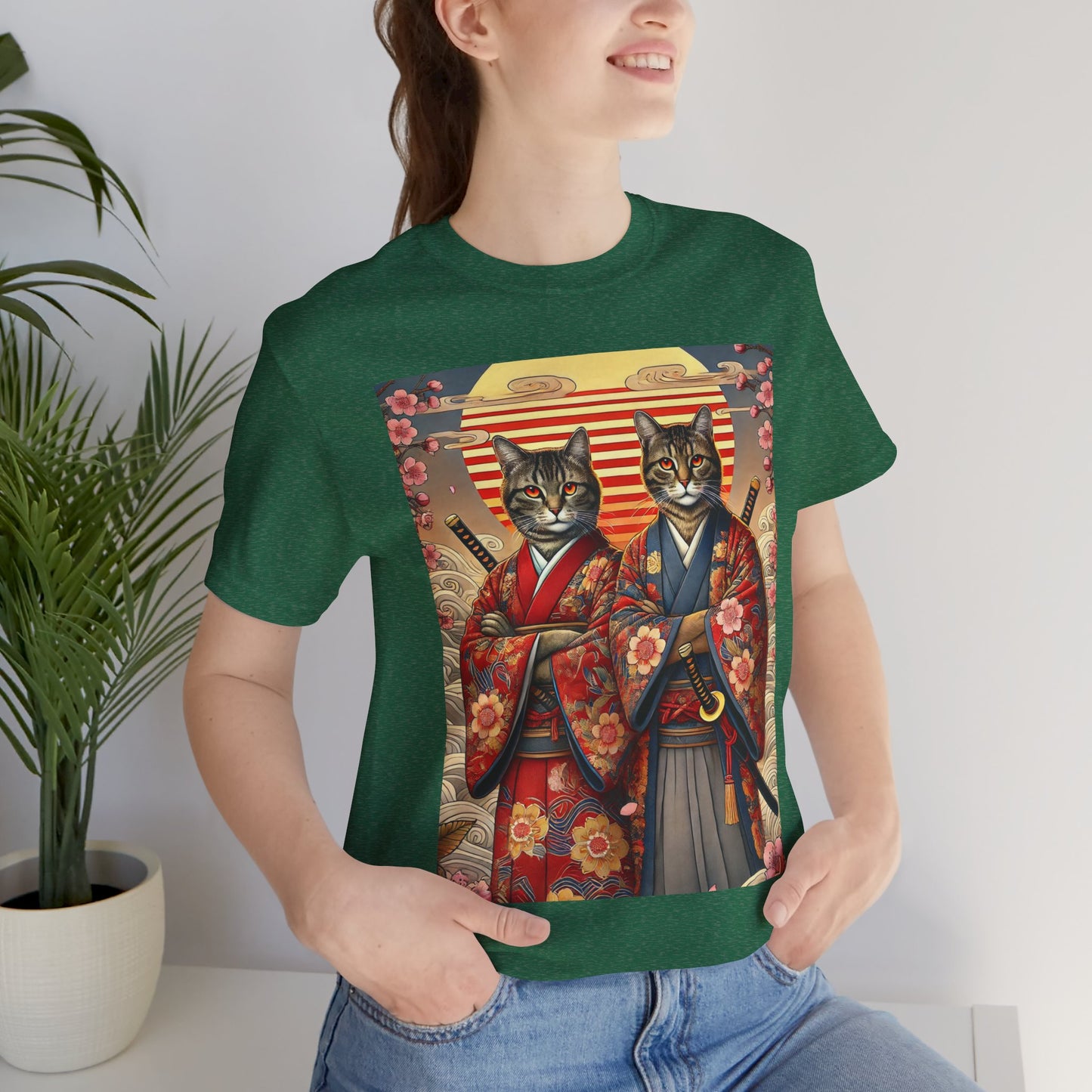 Samurai Cat T-Shirt - Floral Kimono Warrior with Katana | Japanese Ukiyo-e Style, Cherry Blossoms & Mount Fuji | Bold Cat Art Tee