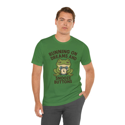 Running on Dreams and Snooze Buttons Shirt Sleepy Frog Tee Funny Night Owl Top Great Dad Gift Cozy Loungewear Aesthetic