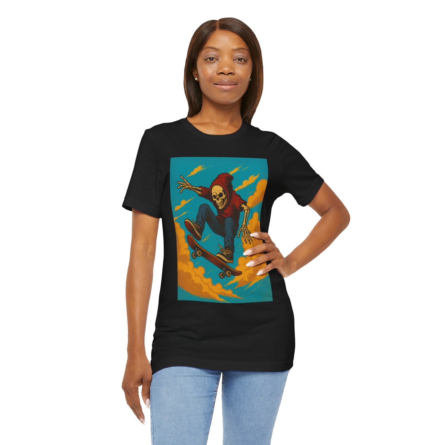 Skater Skeleton Hoodie Graphic Tee - Bold Comic Art Shirt for Men and Women - Colorful Streetwear T-Shirt for Skull and Skate Lovers