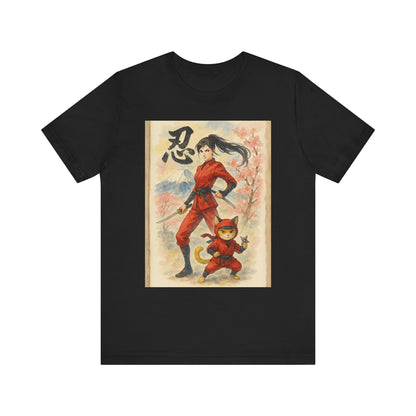 Ninja and Cat Watercolor T-Shirt - Female Ninja in Red Outfit with Katana-Kanji Art, Mount Fuji, Cherry Blossoms - Cool Unise x Japanese Tee