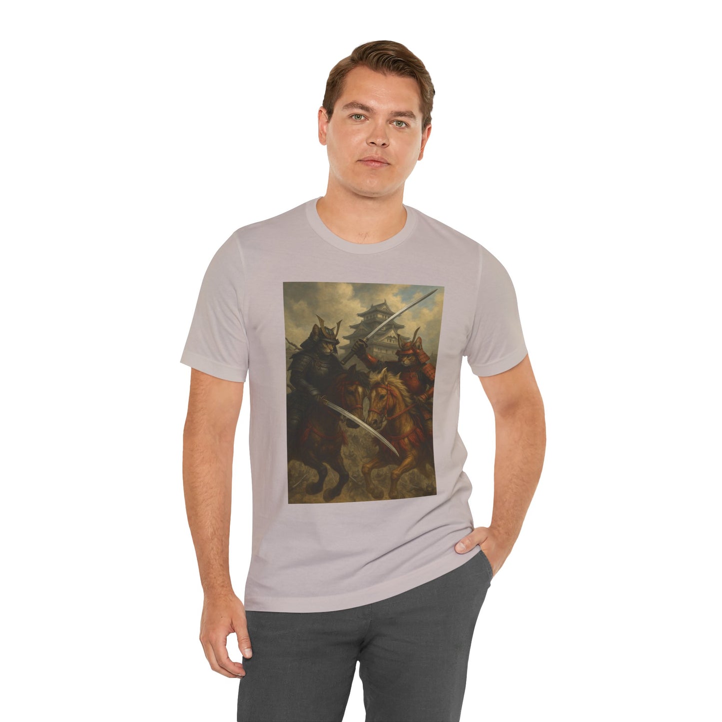 Epic Cat Samurai Battle Tee - War Horses Clash in Front of Japanese Castle  Feline Warrior Art Shirt for Fantasy & Japan Lovers