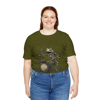 Skeleton Frog Drummer Shirt with Glowing Green Eyes Rock Band Art Tee for Musicians Frog Lovers Halloween and Concert Wear