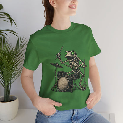 Skeleton Frog Drummer Shirt with Glowing Green Eyes Rock Band Art Tee for Musicians Frog Lovers Halloween and Concert Wear