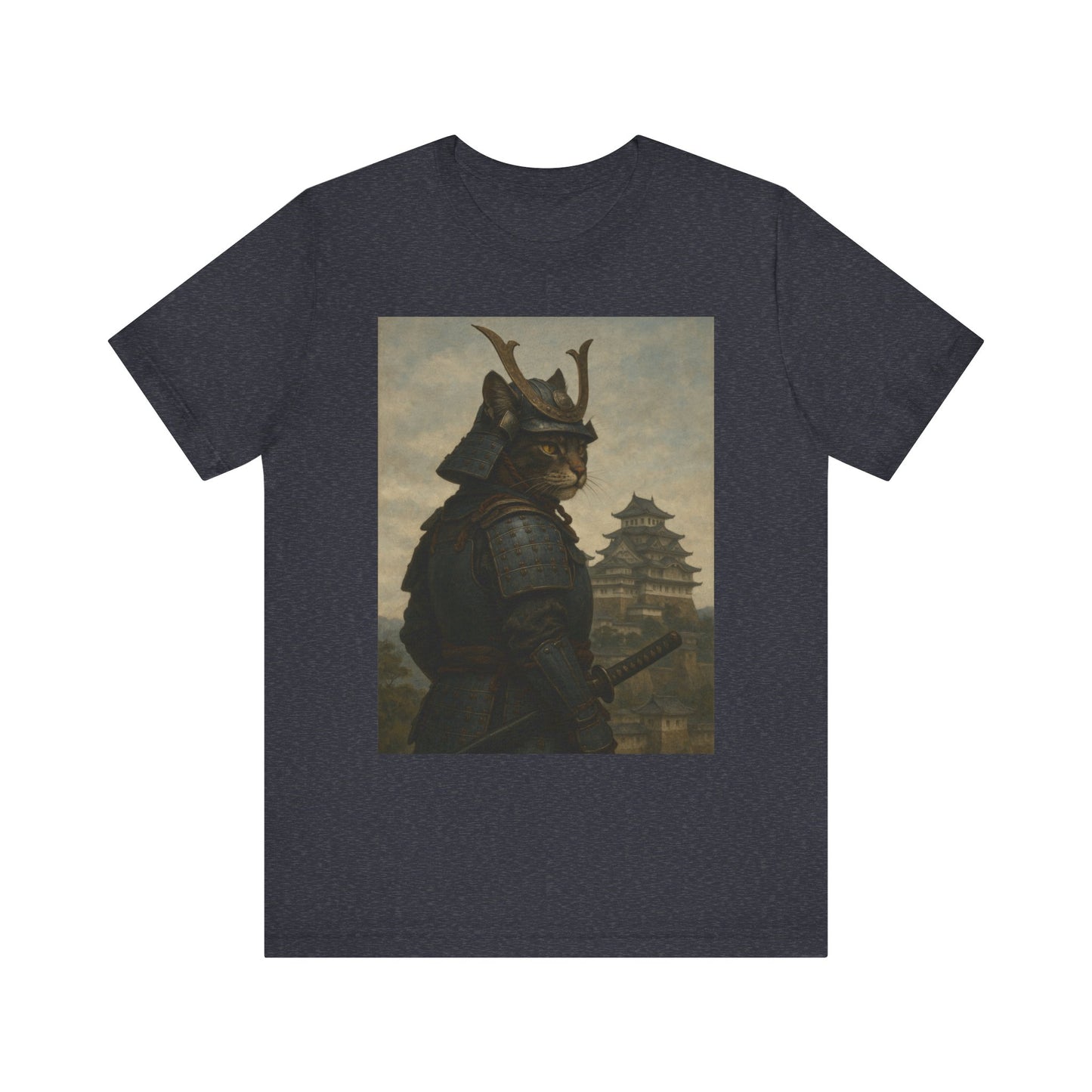 Cat Samurai Vigil Tee | Armored Feline Warrior w/ Castle Backdrop | Japanese Art Unisex Shirt