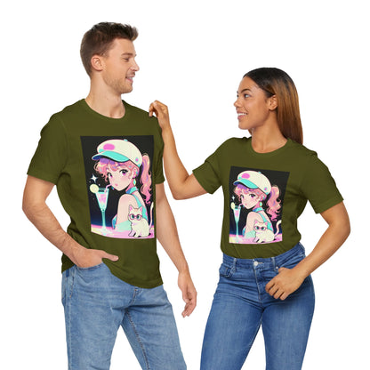 Retro Girl and Cat T Shirt Vaporwave Pastel Anime Shoujo Graphic Tee Neon Cocktail Aesthetic Kawaii Gift for Daughter or Dad Casual Streetwear