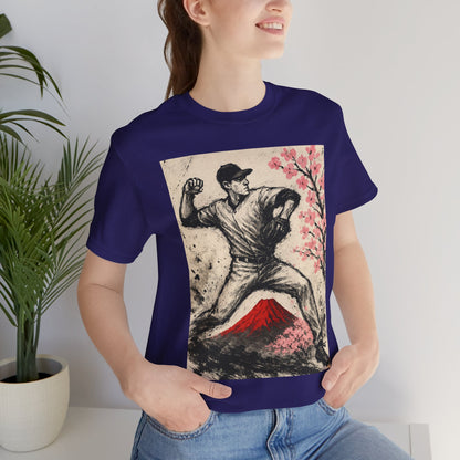 Pro Baseball Pitcher Sumi Ink Art Shirt Fuji Sakura Retro Japanese Print Windup Fastball Tee Japan Inspired Sports Art Gift for Dad