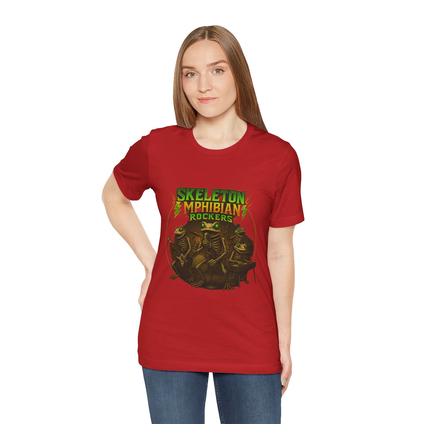 Skeleton Amphibian Rockers Album Cover Tee - Green Eyed Skeleton Frog Band Vocal Guitar Piano Drums Rock Art Shirt