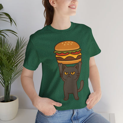 "Hanba-nyaa~" Cute Japanese Cat T-Shirt – Funny Burger & Cat Design – Kawaii Style Unisex Tee – Gift for Food & Cat Lovers