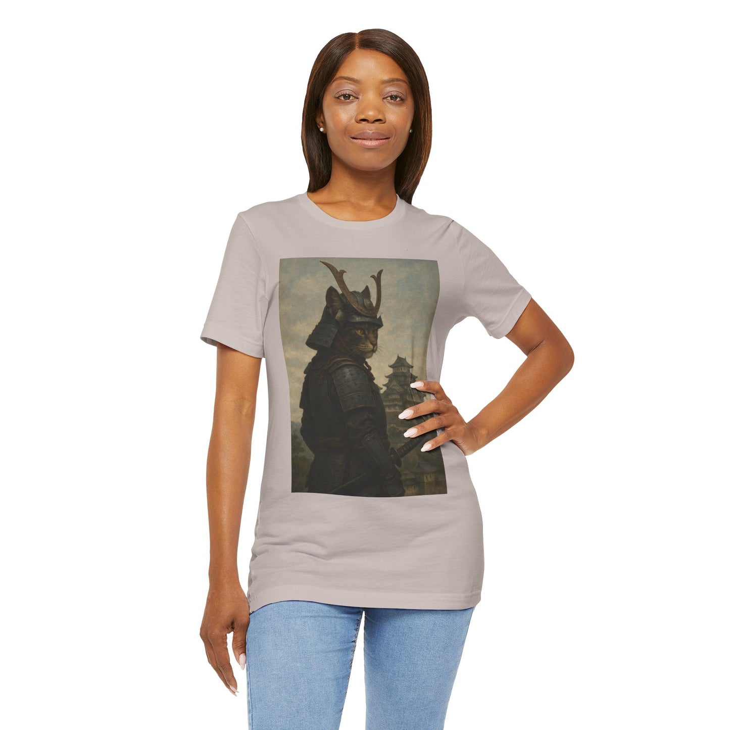 Cat Samurai Vigil Tee | Armored Feline Warrior w/ Castle Backdrop | Japanese Art Unisex Shirt