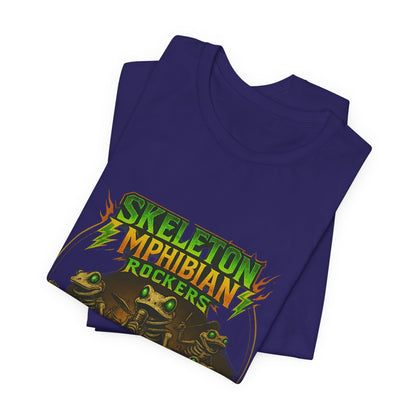 Skeleton Amphibian Rockers Album Cover Tee - Green Eyed Skeleton Frog Band Vocal Guitar Piano Drums Rock Art Shirt