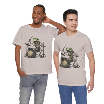 Skeleton Frog Drummer Shirt with Glowing Green Eyes Rock Band Art Tee for Musicians Frog Lovers Halloween and Concert Wear