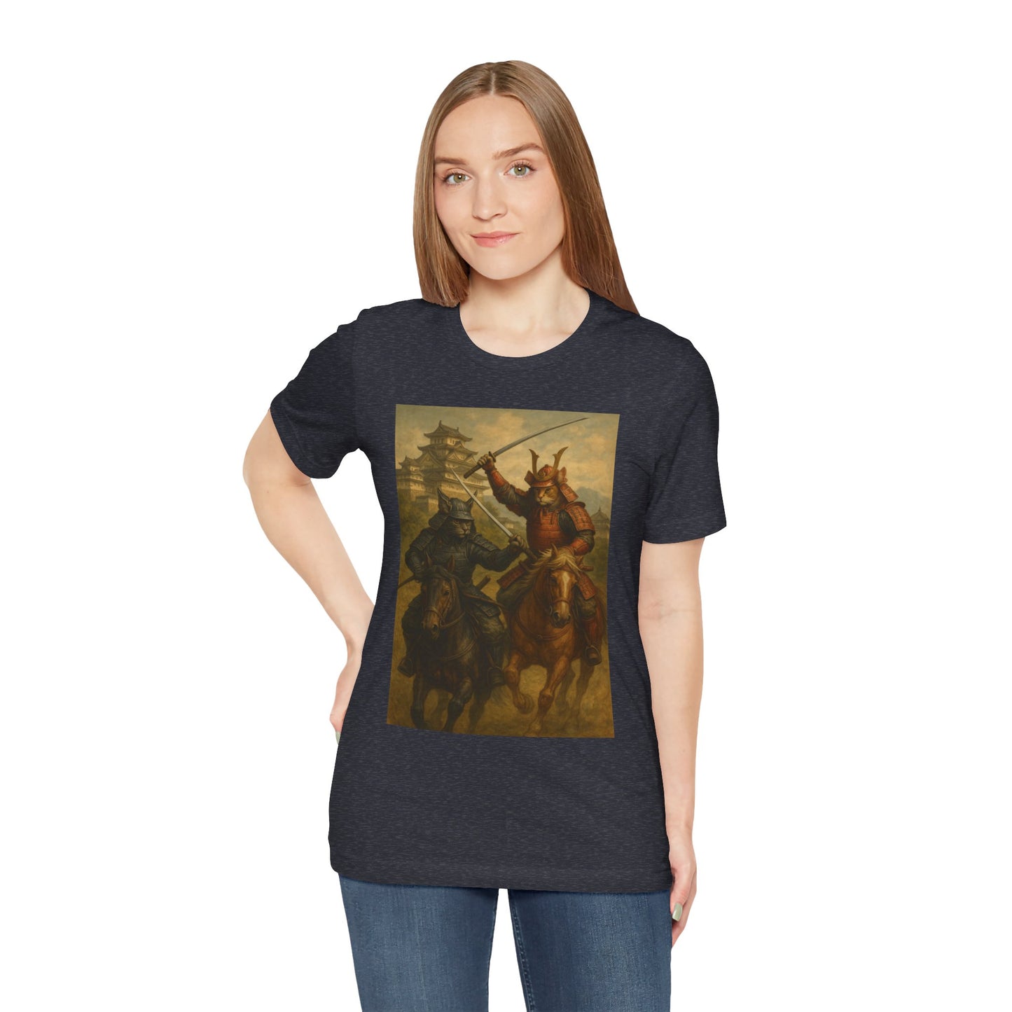 Epic Cat Samurai Battle Tee - War Horses Clash in Front of Japanese Castle  Feline Warrior Art Shirt for Fantasy & Japan Lovers