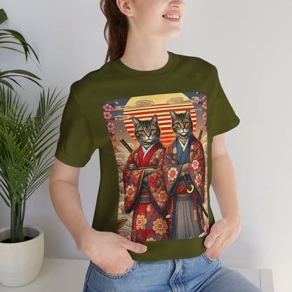 Samurai Cat T-Shirt - Floral Kimono Warrior with Katana | Japanese Ukiyo-e Style, Cherry Blossoms & Mount Fuji | Bold Cat Art Tee