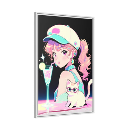 Retro Girl and Cat Canvas Vaporwave Pastel Anime Shoujo Wall Art Neon Cocktail Aesthetic Kawaii Gift for Daughter or Dad