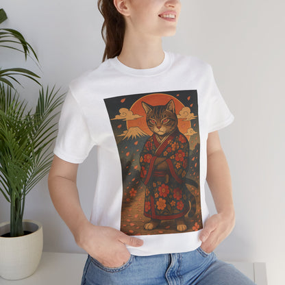Samurai Cat T-Shirt - Floral Kimono Warrior with Katana | Japanese Ukiyo-e Style, Cherry Blossoms & Mount Fuji | Bold Cat Art Tee