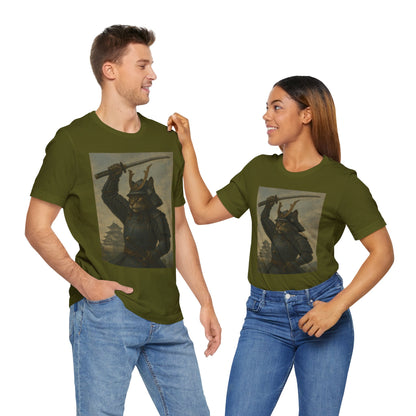 Cat Samurai Strike Tee | Epic Armored Feline Raising Katana | Japanese Warrior Art Unisex Shirt