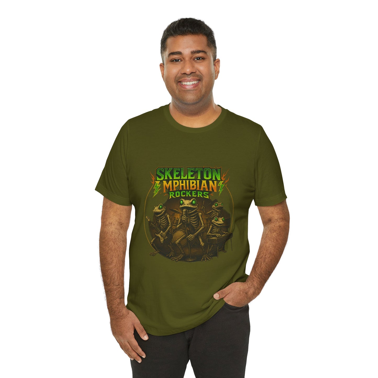 Skeleton Amphibian Rockers Album Cover Tee - Green Eyed Skeleton Frog Band Vocal Guitar Piano Drums Rock Art Shirt