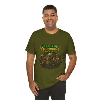 Skeleton Amphibian Rockers Album Cover Tee - Green Eyed Skeleton Frog Band Vocal Guitar Piano Drums Rock Art Shirt