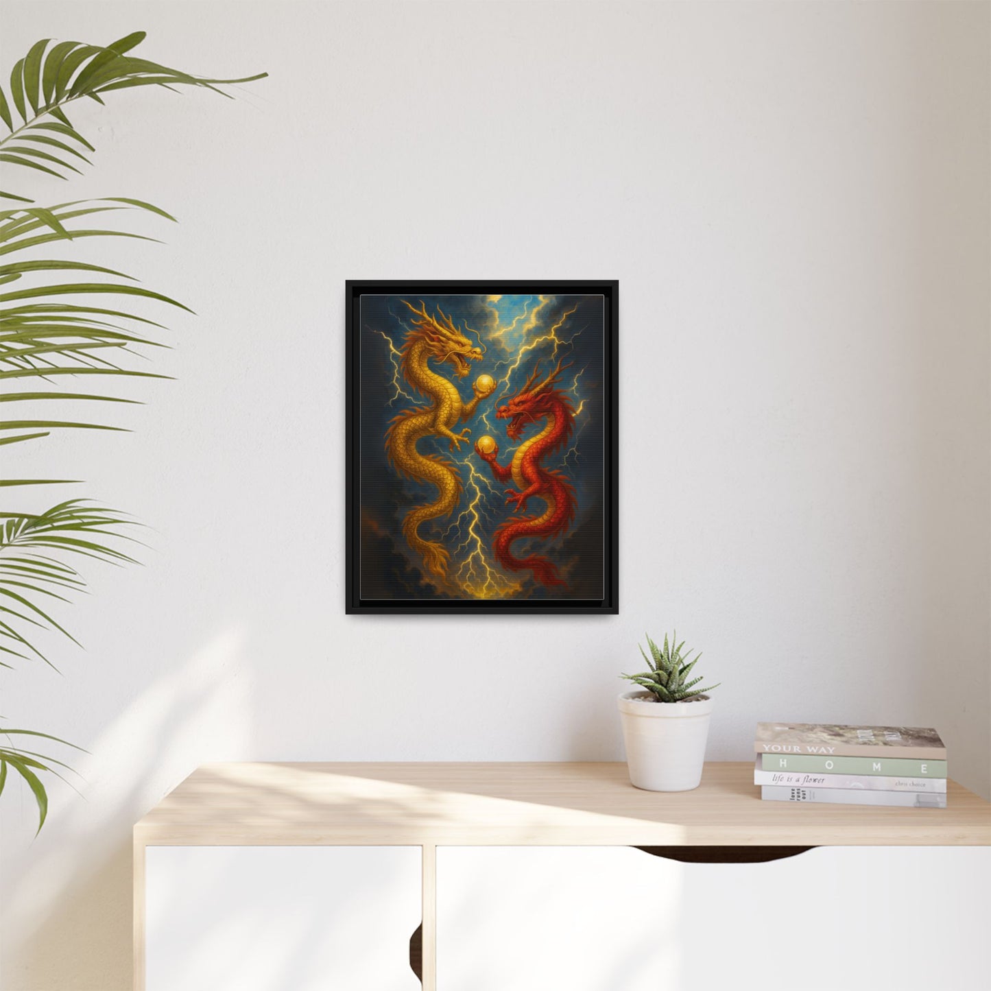 Golden and Red Twin Dragons Canvas Feng Shui Wall Art Lightning Storm Dragon Pearl Good Luck Decor Gift for Dad Living Room