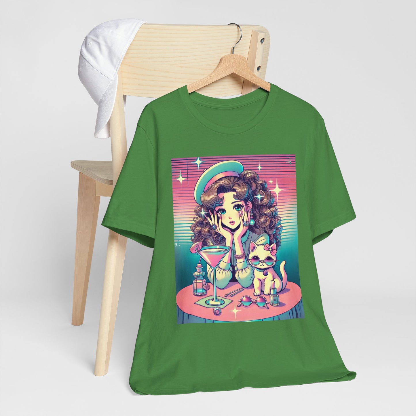 Retro Girl and Cat Graphic Tee Vaporwave Pastel Aesthetic Cocktail Lounge 80s Inspired Shoujo Style T Shirt Gift for Daughter or Dad