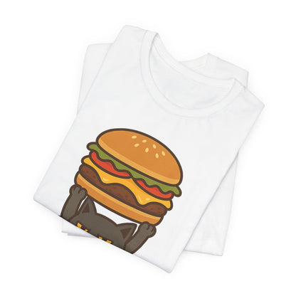 "Hanba-nyaa~" Cute Japanese Cat T-Shirt – Funny Burger & Cat Design – Kawaii Style Unisex Tee – Gift for Food & Cat Lovers