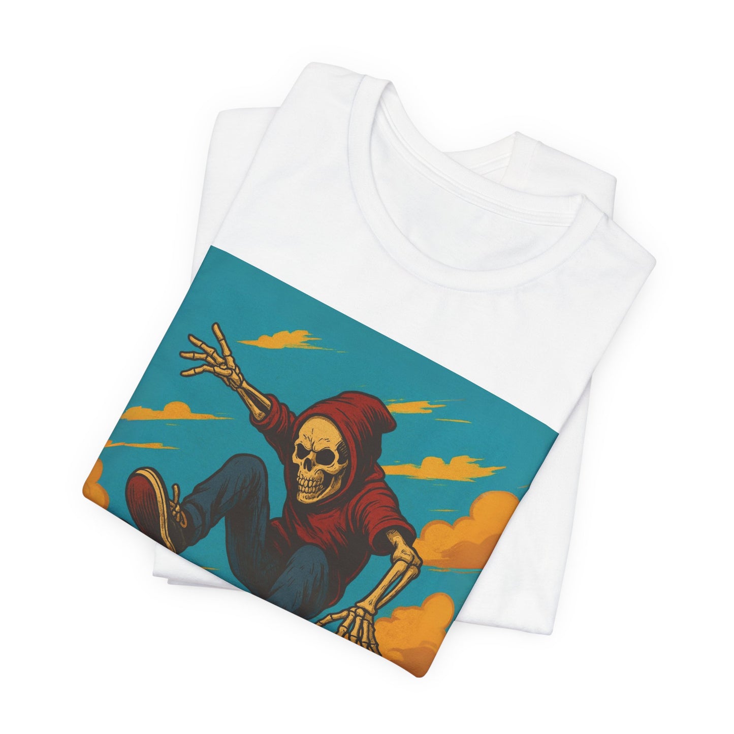 Skater Skeleton Hoodie Graphic Tee - Bold Comic Art Shirt for Men and Women - Colorful Streetwear T-Shirt for Skull and Skate Lovers