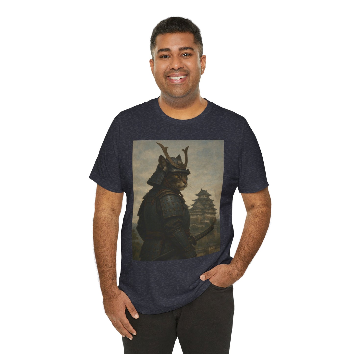 Cat Samurai Vigil Tee | Armored Feline Warrior w/ Castle Backdrop | Japanese Art Unisex Shirt