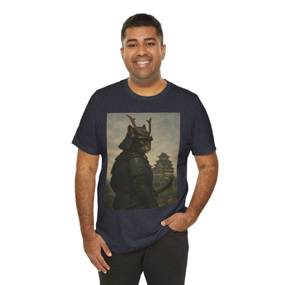 Cat Samurai Vigil Tee | Armored Feline Warrior w/ Castle Backdrop | Japanese Art Unisex Shirt