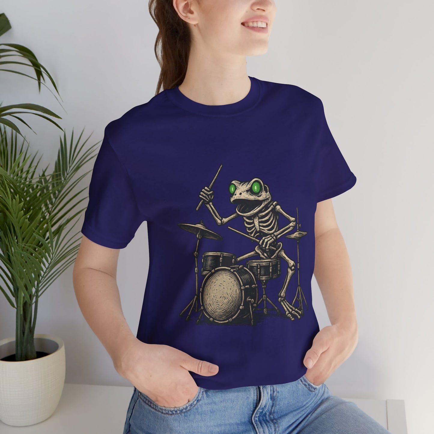 Skeleton Frog Drummer Shirt with Glowing Green Eyes Rock Band Art Tee for Musicians Frog Lovers Halloween and Concert Wear