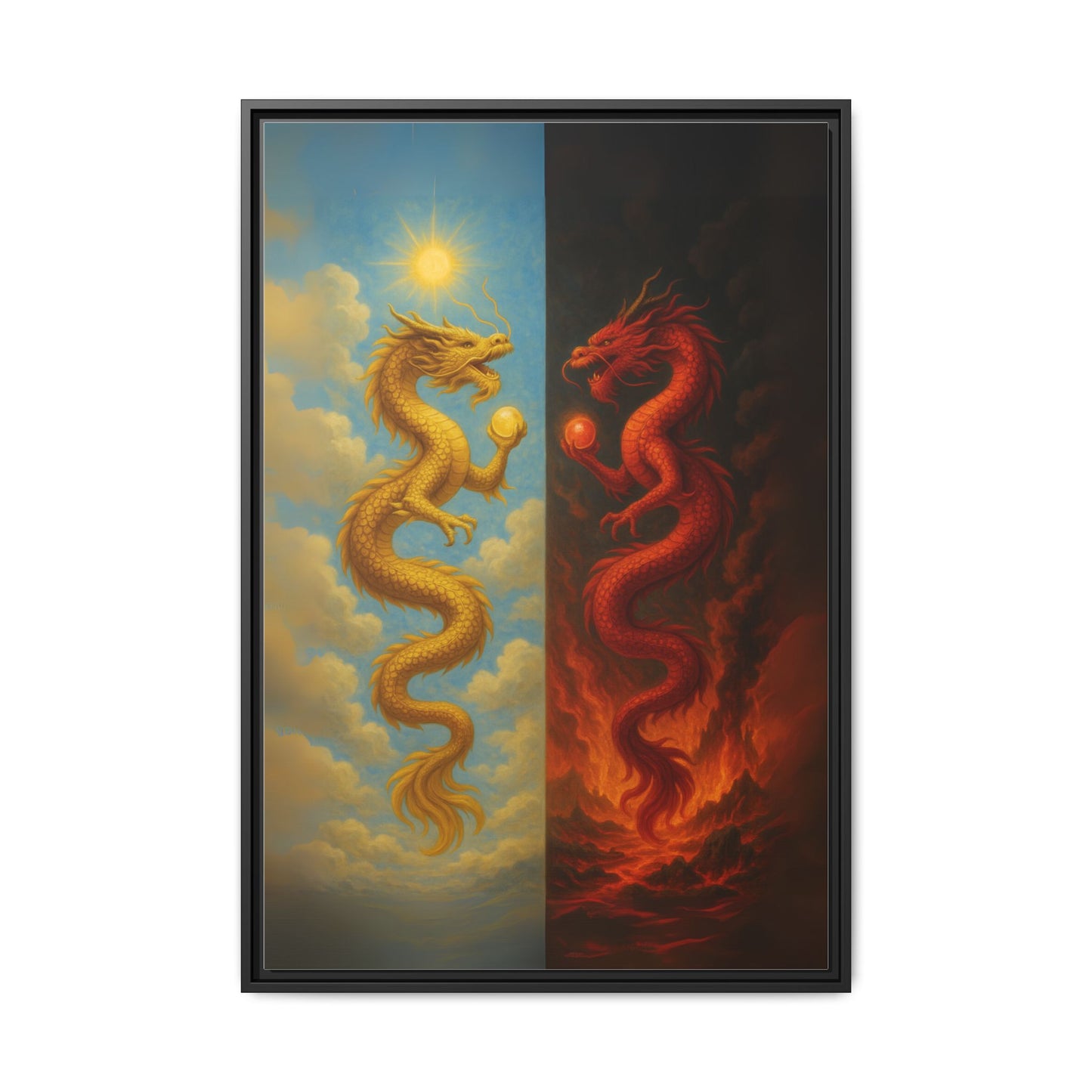 Heaven and Hell Twin Dragons Canvas Feng Shui Wall Art Gold and Red Dragon Pearls Sun and Fire Yin Yang Good Luck Decor Gift for Dad